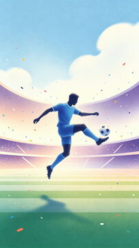Flat Illustration of Soccer Player Kicking Ball Mid-Air in Stadium, Confetti & Cloudy Sky on Green Football Field &ndash; For Sports Event & Dynamic Athletic Design