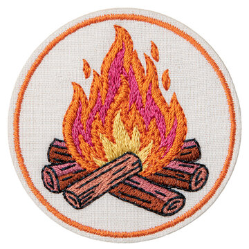 Embroidered campfire patch with colorful flame and logs round badge design bright embroidery