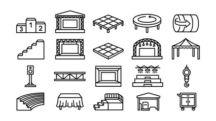 Set of black line icons of stages scaffolding tents and other performance or event equipment and venues  various designs © CHANCHALA  SARKAR