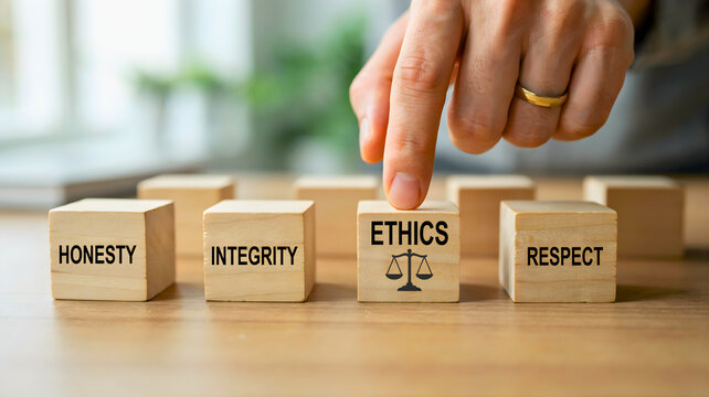 Close up of a hand selecting ethics block among honesty integrity and respect for corporate value concept
