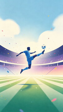 Flat Illustration of Soccer Player Kicking Ball Mid-Air in Stadium, Confetti & Cloudy Sky on Green Football Field &ndash; For Sports Event & Dynamic Athletic Design