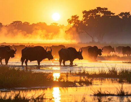 A herd of African buffaloes walks through shallow water during a golden sunset.