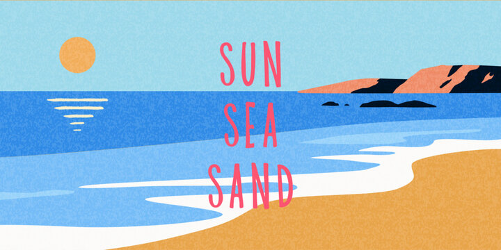 Modern hand drawn illustration of a peaceful summer coastline with sandy beach, calm sea, and warm sunshine. Minimal composition with textured colors creates a relaxed vacation atmosphere.