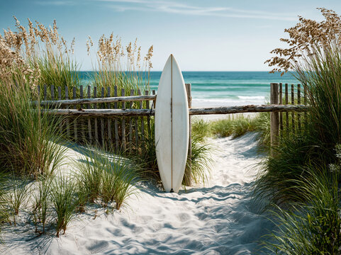 Surfboard on Coastal Dunes Beach &ndash; AI Generative