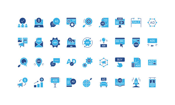 Ads, advertising campaign of brand and digital marketing agency, sponsors glyph icon set. Pay per click, promo news in blog, billboard and poster solid symbols vector illustration