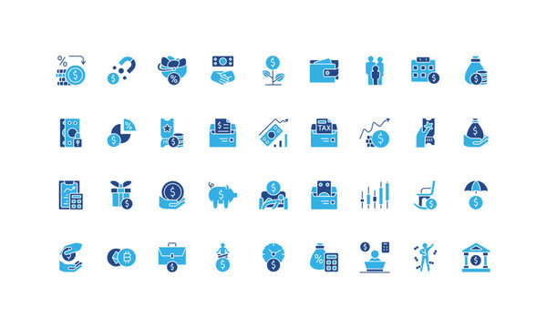 Finance income, pension and deposit, financial margin, expenses and budget glyph icon set. Passive income and cryptocurrency, millionaire wealth solid symbols vector illustration