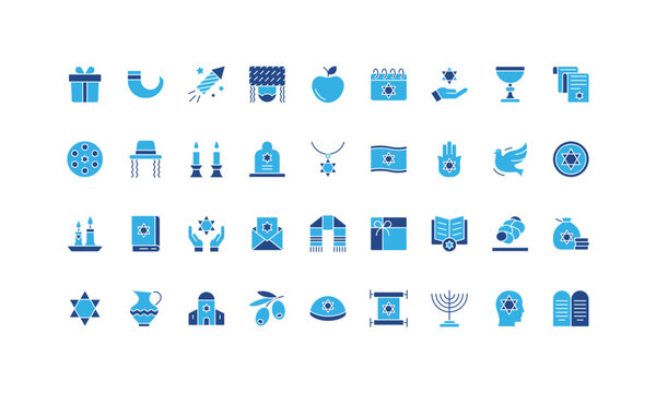 Jewish religion, Judaism, prayer in synagogue, flag of Israel glyph icon set. Covenant tablets, meals and gift of religious holidays, kippah solid symbols vector illustration