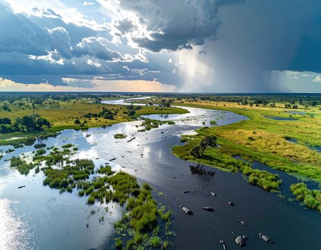 Aerial view of a winding river flowing through a savanna landscape under a dramatic sky.