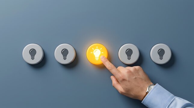 Hand pressing glowing yellow lightbulb button for innovation
