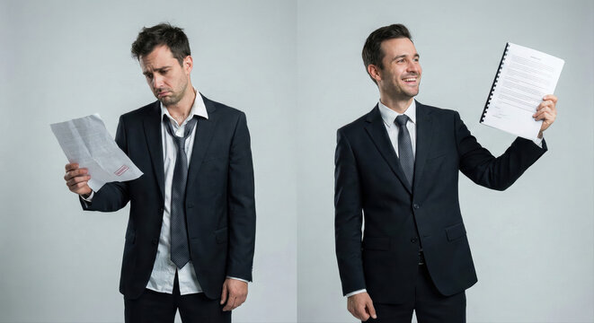 Businessman Before and After Showing Frustration and Success with Documents