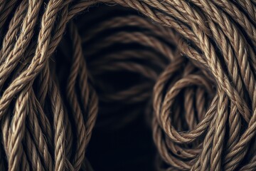Fototapeta premium Coiled ropes create tunnel effect. Dark background emphasizes texture, depth. Dramatic lighting highlights strands, curves.