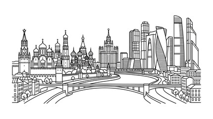 Fototapeta premium Moscow Skyline Sketch: Kremlin, St. Basil's, River, Modern Towers