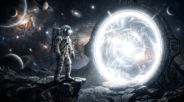 Spaceman standing before massive glowing portal on rocky alien moon surface.