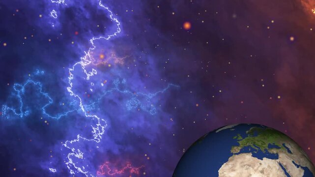 Partial Earth globe view passes space nebula galaxy. Space nebula animation flashes deep cosmic weather lightning. Space nebula astronomy simulation loop tracks stellar paths.