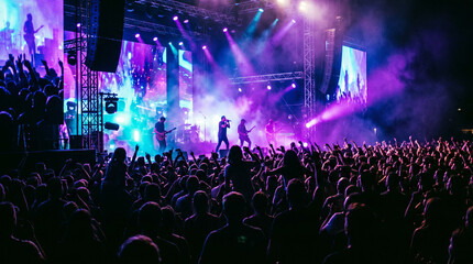 Fototapeta premium Vibrant indoor rock concert stage with purple lighting and massive crowd.