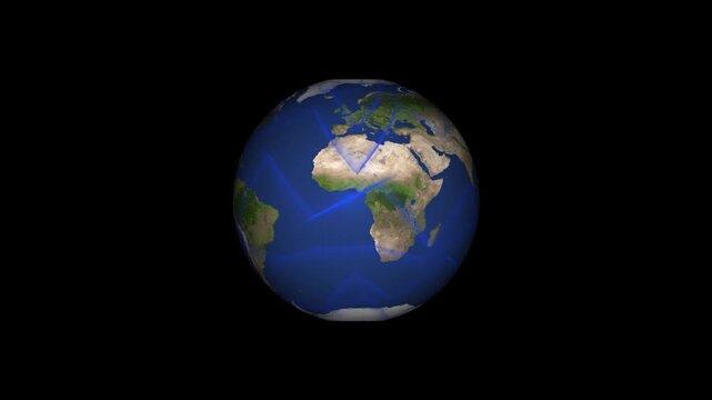 Blue digital world globe models rotate 3D paths. World globe animation outlines global data transmission networks. World globe telecom loop maps international communication transit.