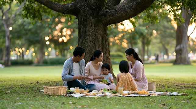 A family enjoys a peaceful picnic under a shady tree in a beautiful park setting