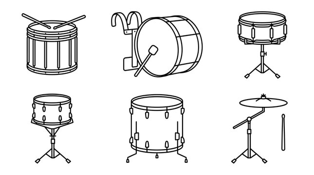 Drum Set Collection: Snare, Bass, Tom-toms and Cymbals, Line Art