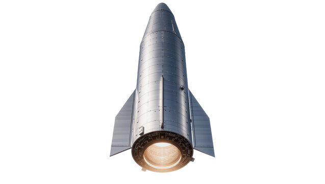 Silver rocket ship with fins and engine nozzle