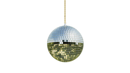 Fototapeta premium Disco ball with reflective mirrored squares hanging by golden chain