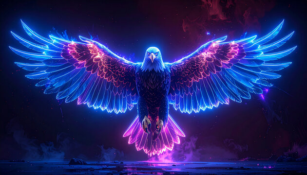 Neon eagle with glowing wings against a dark background