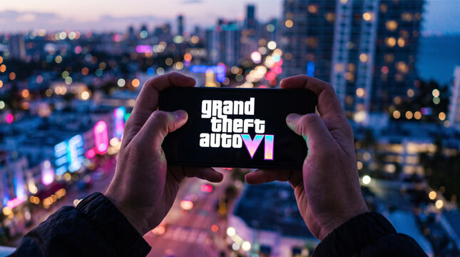 Hands holding a smartphone with Grand Theft Auto VI GTA 6 logo on screen. Point of view shot of upcoming Rockstar game title with blurred neon city lights bokeh background night illustration