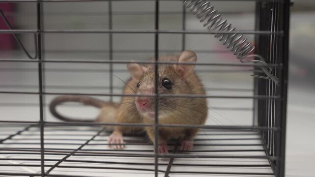Rat trapped in a cage. Close up of Rodents, pests control