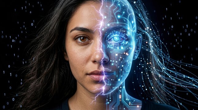 Half human and half robot woman face with glowing neural circuits and data streams representing artificial intelligence and digital evolution
