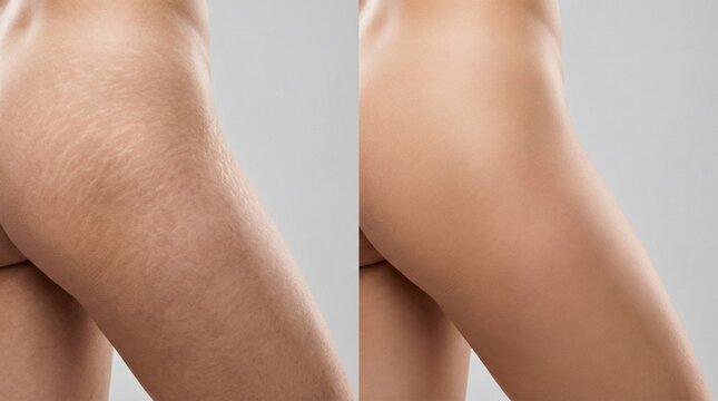 Woman's Thigh Area Before and After Aesthetic Stretch Mark Procedure