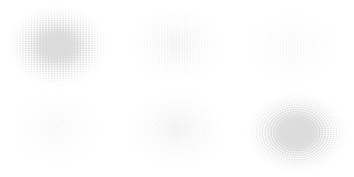 WebHalftone gradient circles collection. Dots textured round patterns. Cartoon comic radial faded background set. Abstract pixelated elements for frame, poster, collage, banner, flyer. Vector bundle