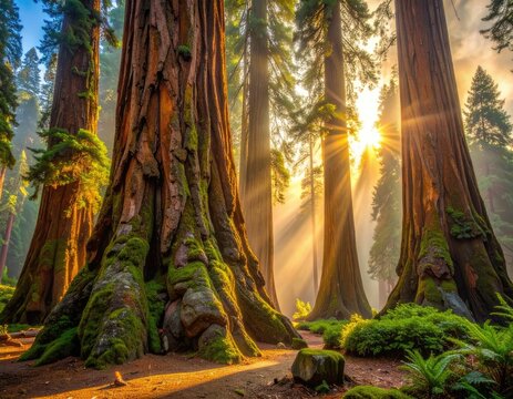 Majestic sequoia trees bathed in golden sunlight