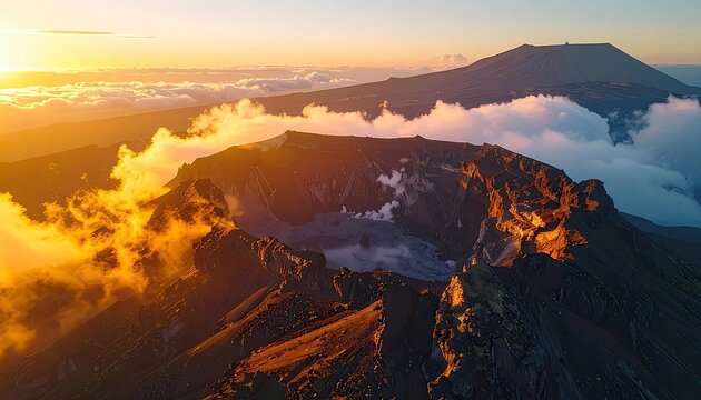 Dramatic volcanic caldera bathed in golden sunrise light with clouds swirling.