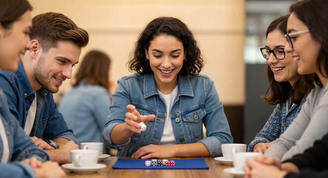 Young woman rolling dice during a tabletop game with friends. Happy group of adults playing a board game in a cozy cafe. Social gathering and leisure concept