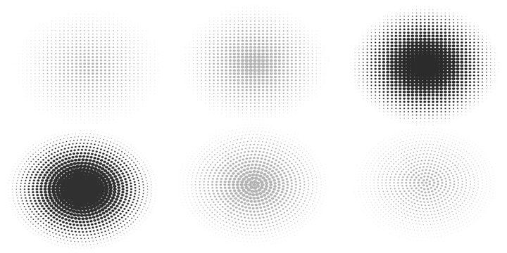 WebHalftone gradient circles collection. Dots textured round patterns. Cartoon comic radial faded background set. Abstract pixelated elements for frame, poster, collage, banner, flyer. Vector bundle