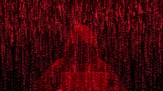 Hooded Hacker Silhouette Working on Laptop with Red Digital Matrix Binary Code Rain