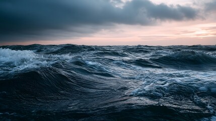 Obraz premium A dramatic seascape captures powerful rolling waves under a moody twilight sky evoking a sense of awe and wonder