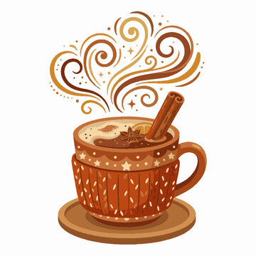 Cozy Hot Chocolate Mug with Cinnamon Stick and Decorative Swirling Steam Illustration.