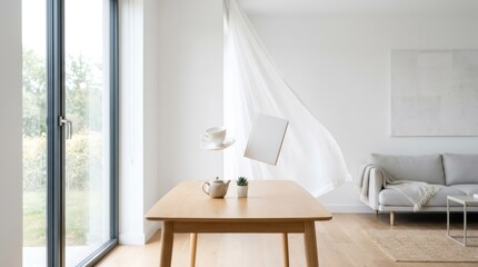 Fototapeta premium Floating tea cup and book above wooden table in modern bright living room. Surreal still life with teacup in midair. Minimalist home interior design concept for lifestyle magazine.
