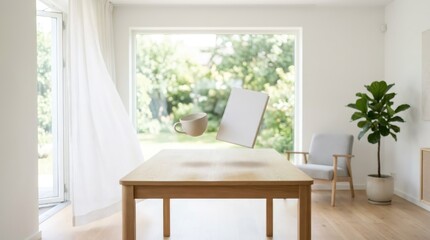 Fototapeta premium White book and ceramic cup floating above wooden table in bright modern living room. Surreal interior design concept. Domestic space with home plant and natural morning sunlight.