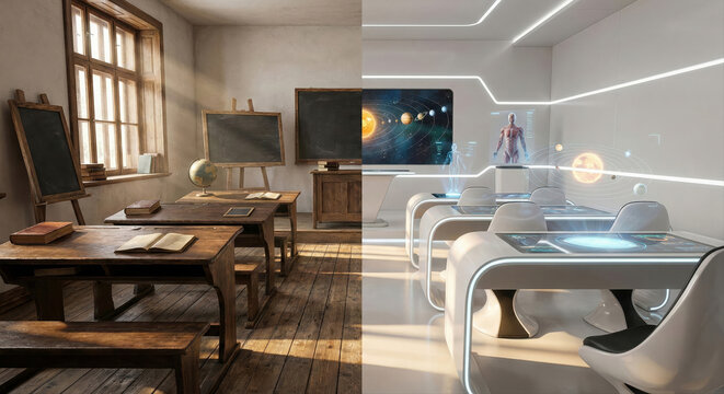 Dual View Of Traditional And Futuristic Classrooms Representing Education Evolution