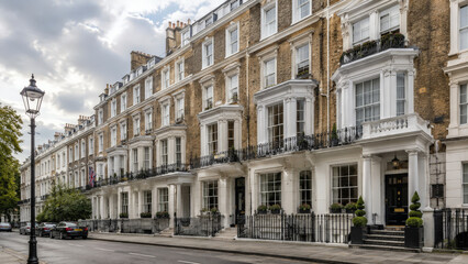 Obraz premium Classic London Victorian Townhouses Along Elegant Residential Street Under Dramatic Cloudy Sky