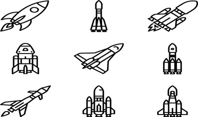Fototapeta premium Collection of modern space shuttle and rocket line icons