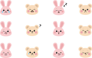 Fototapeta premium Cute Cartoon Animal Emoticon Avatar Set featuring Pink Bunny and Teddy Bear Characters with Happy Sad Angry Crying and Sleeping Expressions