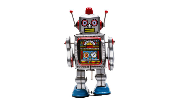 Vintage tinplate robot toy with red accents and blue feet