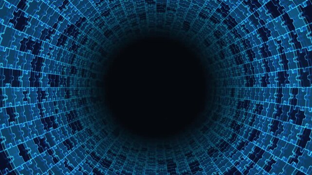 Abstract Animation Loop of a 3D Tube Tunnel Assembling from Jigsaw Puzzle Pieces. Problem-solving, business partnership and blockchain solution concept with copy space on a blue background.