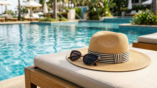 Straw sun hat and sunglasses on a lounge chair by the pool. Luxury resort vacation and summer leisure concept