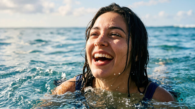 Joyful young woman emerging from ocean water smiling. Happy female swimmer laughing in the sea on a sunny day