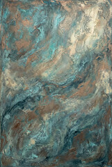 Naklejka premium Abstract textured painting with teal blue, brown and gold tones, modern organic wall art and expressive decorative background