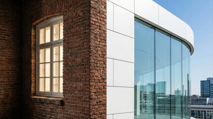 Obraz premium Architectural Contrast of Historic Brick Building with Modern Glass Facade