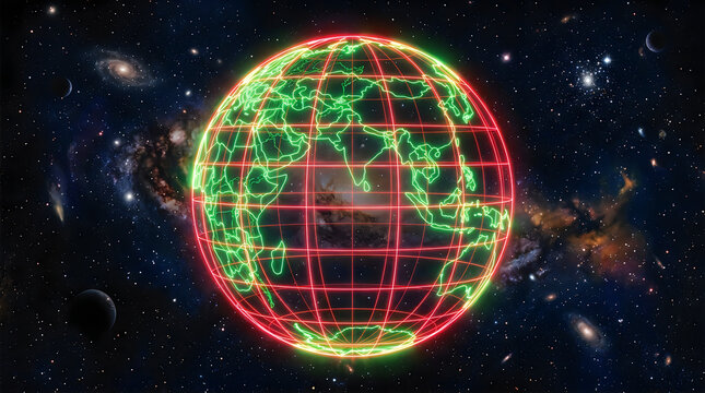 Neon glowing earth globe with world map grid in deep space environment.